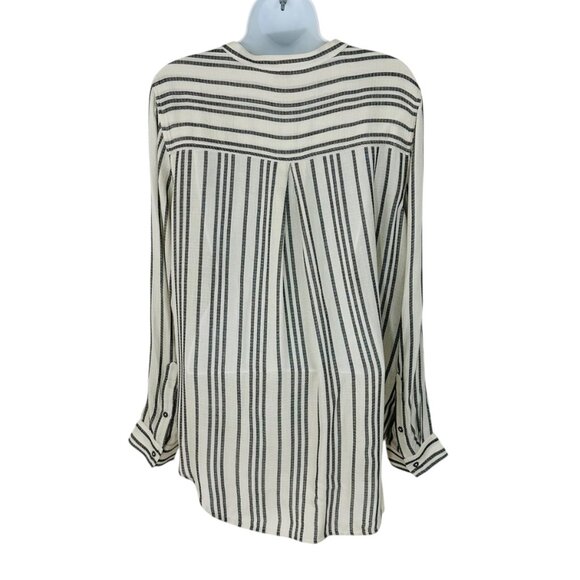 Lucky Brand Women's Size M Striped Roll Tab Sleeves Ivory Black Popover Blouse - Picture 4 of 8